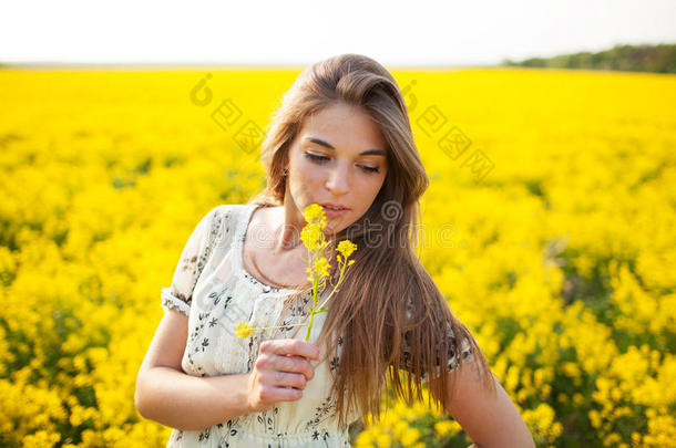 闻着黄色野花的漂亮姑娘