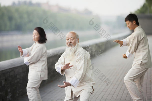 三个中国人在户外练习太极拳