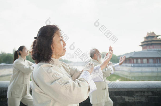 三个中国人在运河边练习太极拳