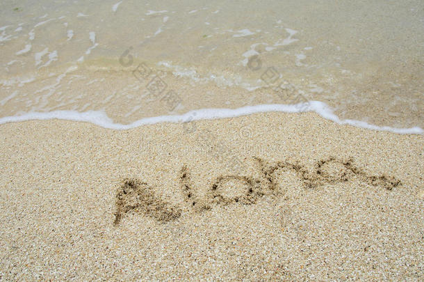 在沙滩上的沙滩上刻上“阿罗哈”。
