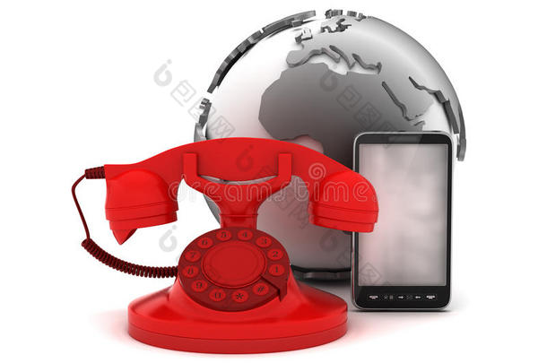 红色<strong>旋转</strong>电话、<strong>手机</strong>和地球仪