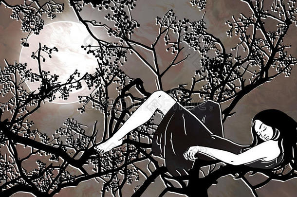 妇女躺在树枝上的插图