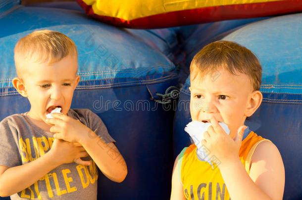 两个小男孩分享棉花糖的画像