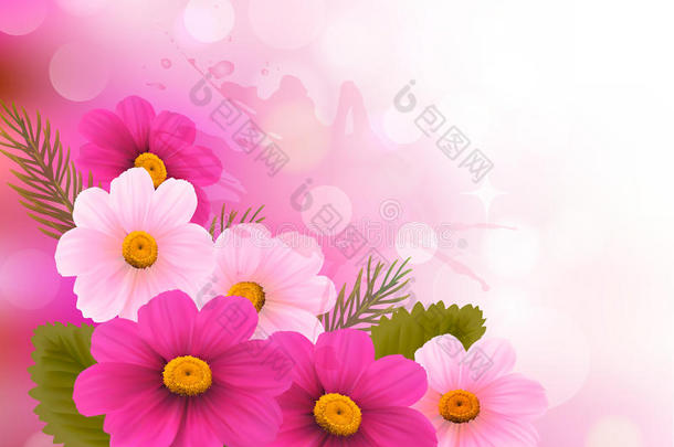 三朵粉色花朵的节日背景。