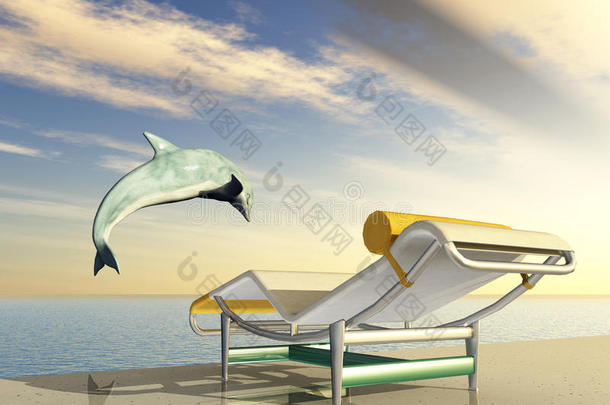 跳跃海豚和躺椅的假日印象