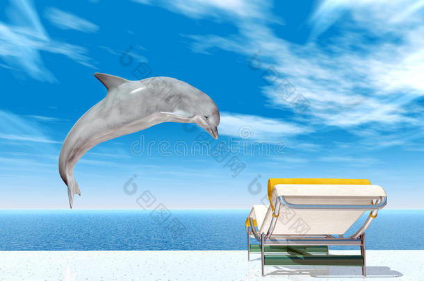 跳跃<strong>海豚</strong>和躺椅的假日印象