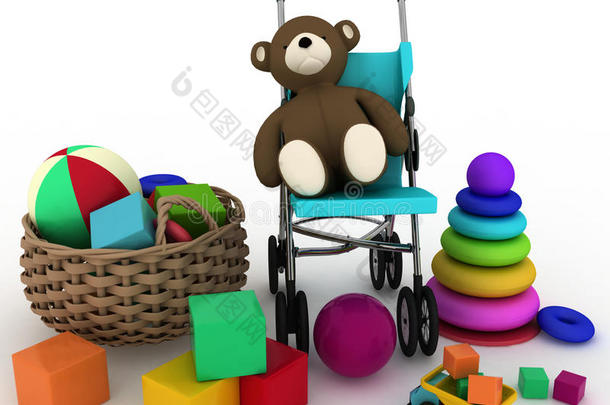 孩子的玩具放在一个小篮子和婴儿车里