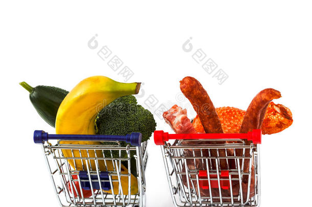 两个购物车里的肉和蔬菜，白色隔离