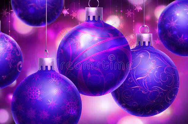 <strong>圣诞节紫色</strong>抽象背景，前景有蓝色/<strong>紫色</strong>的大装饰球