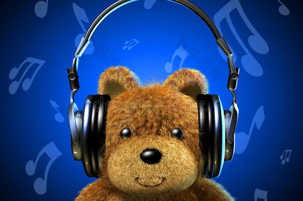 带音乐耳机的泰迪熊。蓝色背景配音乐音符。