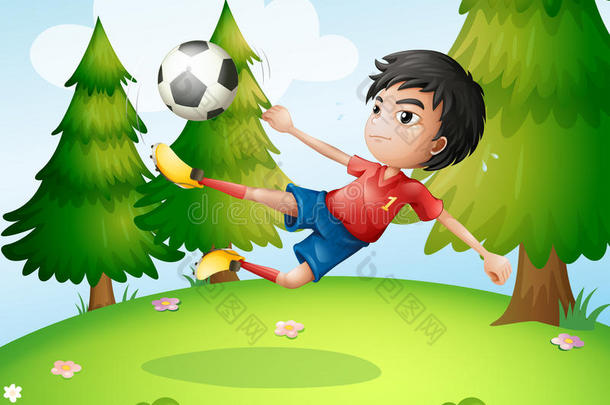 一个男孩在松树附近踢足球