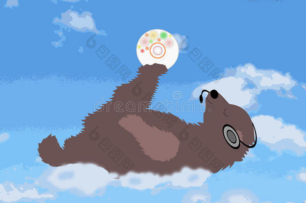 小熊带着磁盘和耳机在<strong>云端</strong>