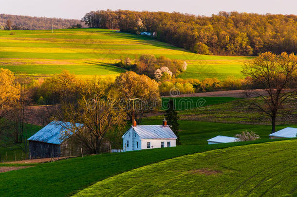 宾夕法尼亚州约克县南部农场和<strong>起伏</strong>的山丘上的家和谷仓。