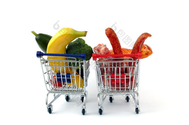 两个购物车里的肉和蔬菜，白色隔离