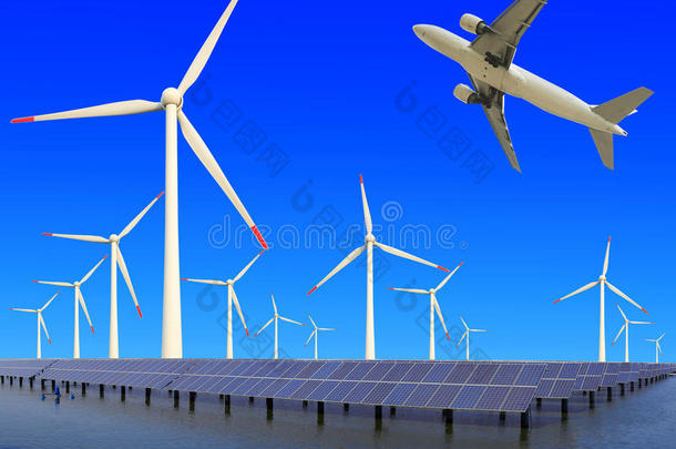 飞机以风力涡轮机和太阳能电池板的生态动力飞行