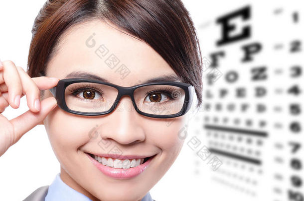 戴眼镜的妇女和视力测试<strong>表</strong>
