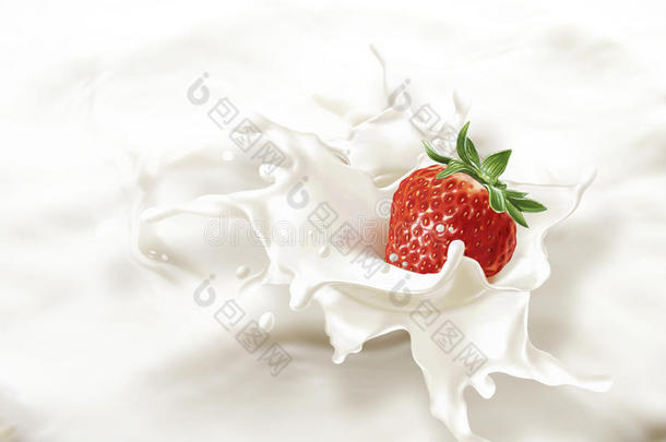 草莓掉进牛奶海里，引起水花飞溅。