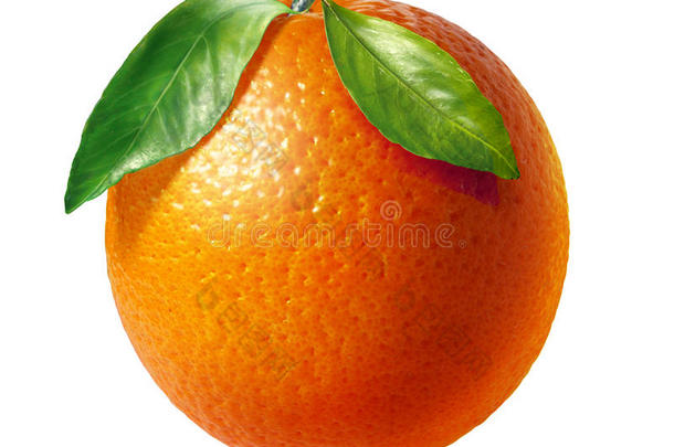 橙色新鲜水果，有<strong>两片叶子</strong>，背景为白色。