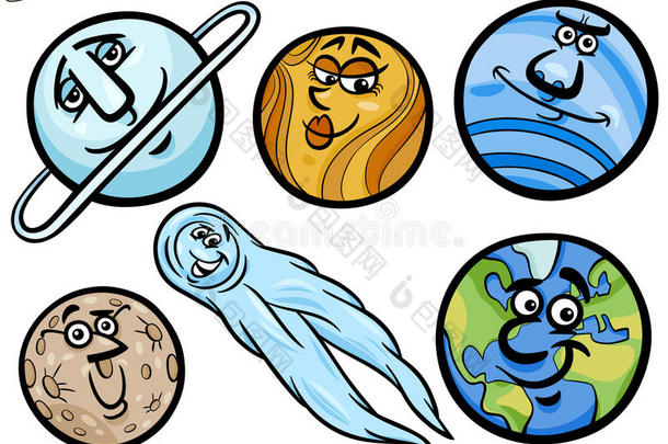 行星和球体卡通人物集
