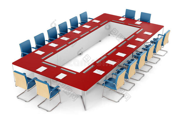 红蓝相间的会议桌和白色的红色椅子