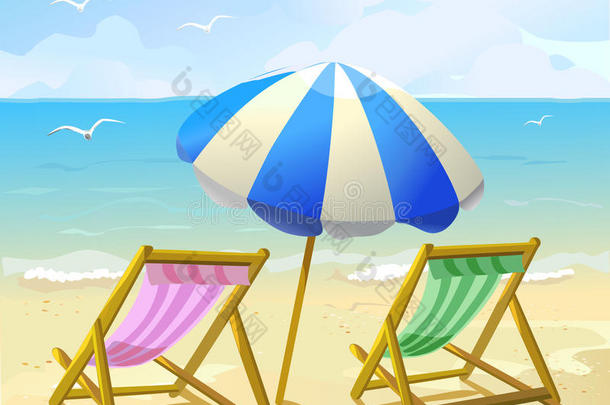 带遮阳伞和两张躺椅的海滩