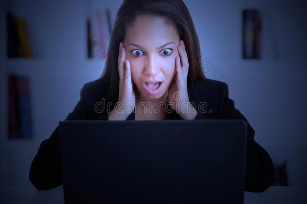 <strong>惊慌失措</strong>的女人看着电脑显示器