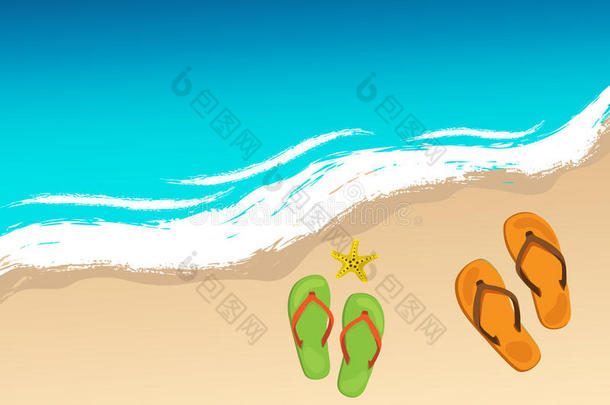 沙滩上的夏季鞋和海星，vector