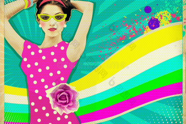 穿粉红色连衣裙戴夏季太阳镜的年轻女子。复古海报ba