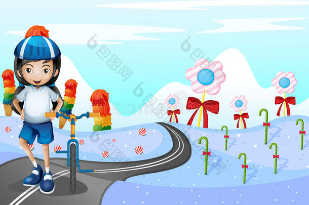 一个骑自行车的女孩在路上被糖果包围