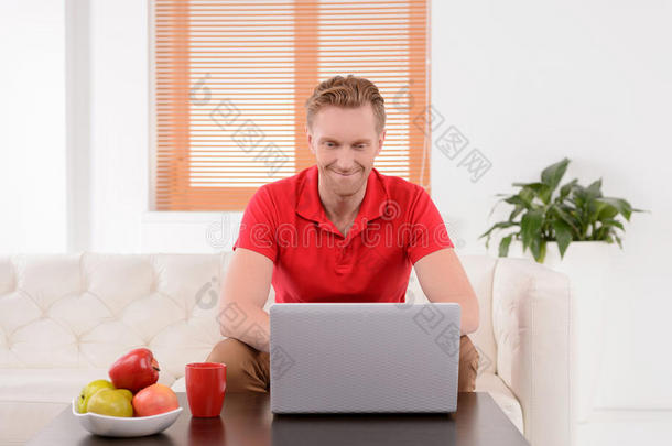 男人上网。帅哥坐在沙发上用电脑