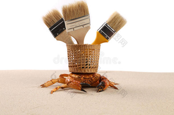 刷子、篮子、沙滩螃蟹