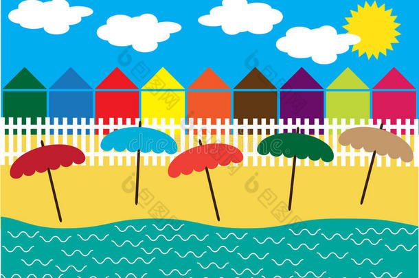 海滩和小房子的假日插画