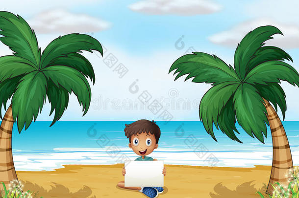 一个男孩在海滩上举着一个空的招牌