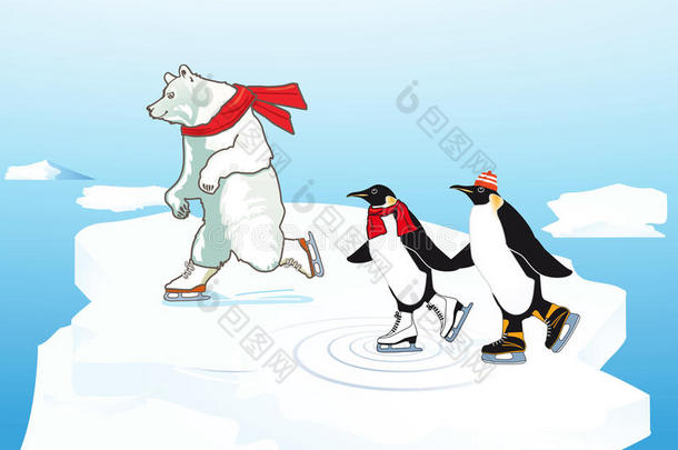 北极熊和企鹅滑冰