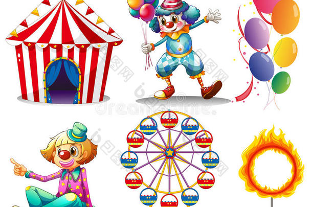 马戏团的帐篷、小丑、摩天轮、气球和火圈
