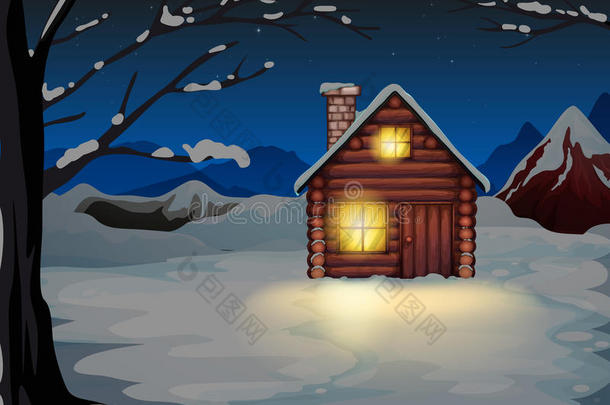 雪地上有灯光的木屋