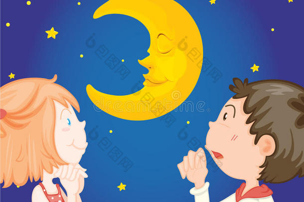 晚上和月亮在一起的孩子们