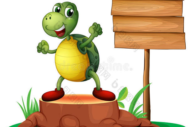 木招牌旁边有一只乌龟的箱子