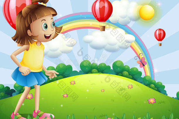 山顶上一个小女孩在看漂浮的气球