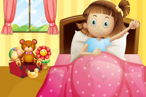一个女孩躺在床上，拿着一条粉红色的毯子