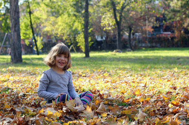秋天<strong>公园里坐在</strong>树叶上的小女孩