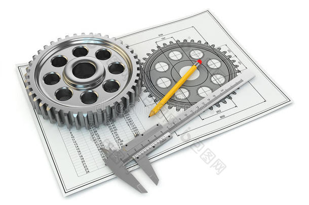 工程图纸。齿轮，缆车，铅笔和草稿。