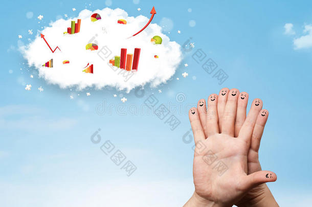 快乐手指笑脸与图形云图标在天空中