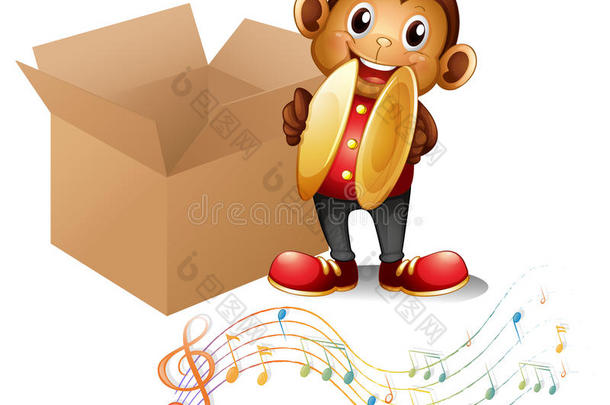 一只猴子拿着钹在一个有音符的盒子旁边