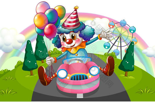 一个戴着气球坐在粉红色汽车里的小丑
