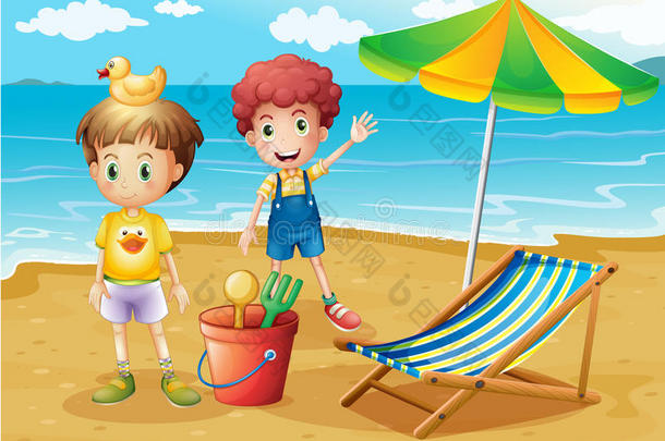 带着雨伞和<strong>折叠床</strong>的海滩上的孩子们
