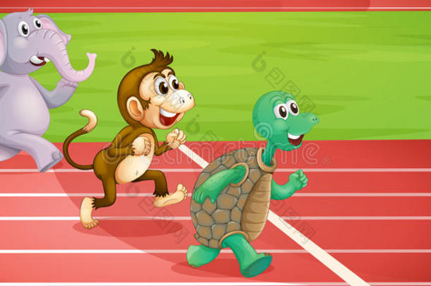 一只乌龟，一只猴子和一只大象在奔跑