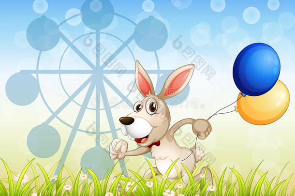 带着<strong>气球</strong>在花园里奔跑的兔子