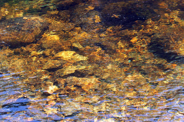 清澈的山间溪流中的石头激起涟漪。