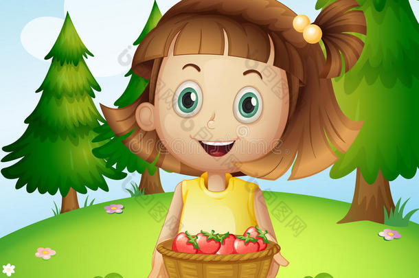 一个微笑的年轻女子手里拿着一篮草莓